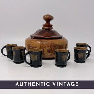 🎥 Vintage ♡ Hand Carved ♡ Wooden Bowl, Lid & 6 Cups (shot glass / espresso mug)